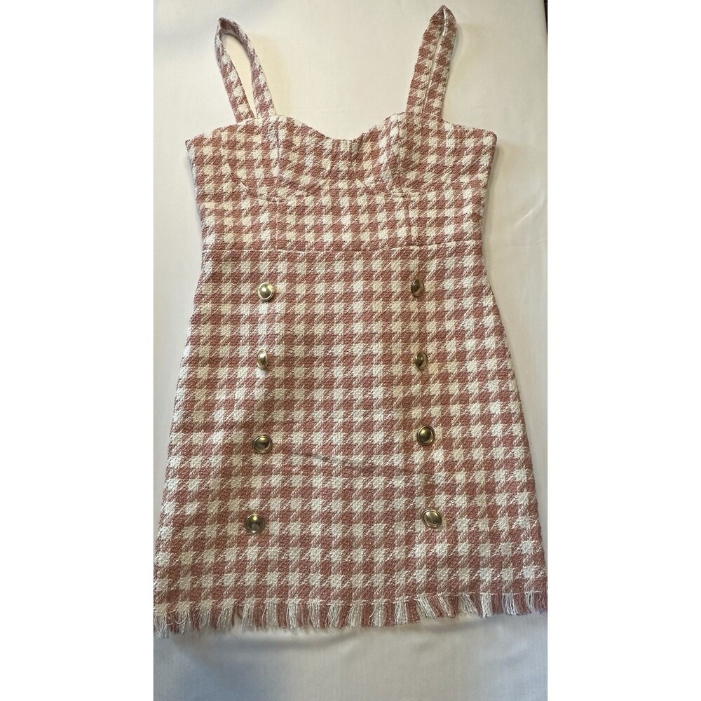 Pink Tweed Mini Dress Gold Buttons Sleeveless Size M Forever 21 - Picture 3 of 4